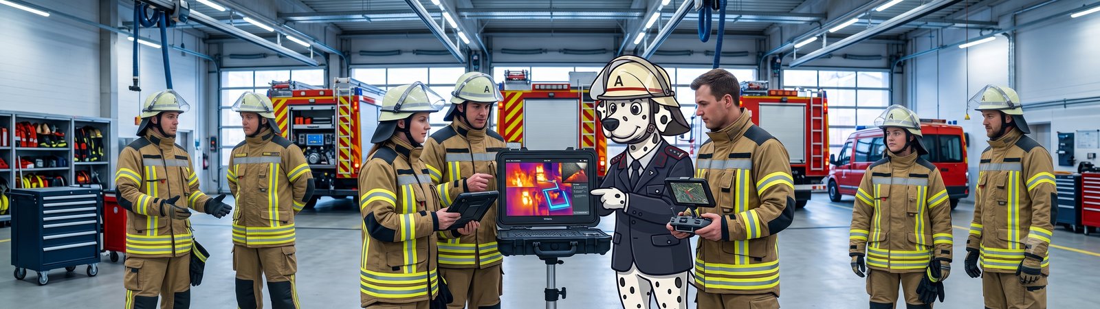 brandmeister.ai im Feuerwehralltag — die Mannschaft im Gerätehaus mit Tablet, Wärmebildkamera-Auswertung und dem brandmeister-Maskottchen