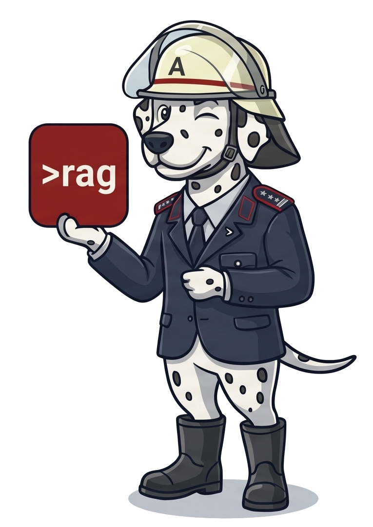 Der Feuerwehr-Dalmatiner, das Maskottchen von brandmeister.ai, mit dem rag-Schild